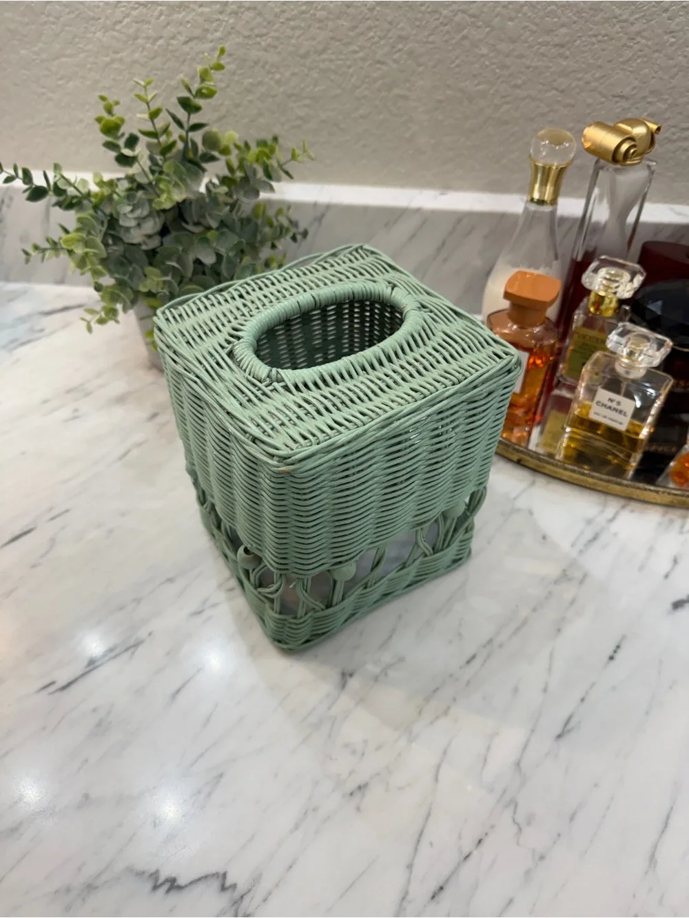 Vintage 1970s Mint Wicker Tissue Box Cover – Boho Handwoven